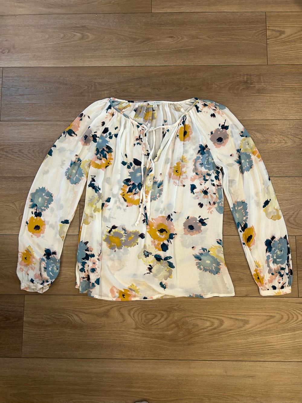 Lucky Brand Floral Boho Peasant Blouse Tie Neck Long Sleeve Size SP